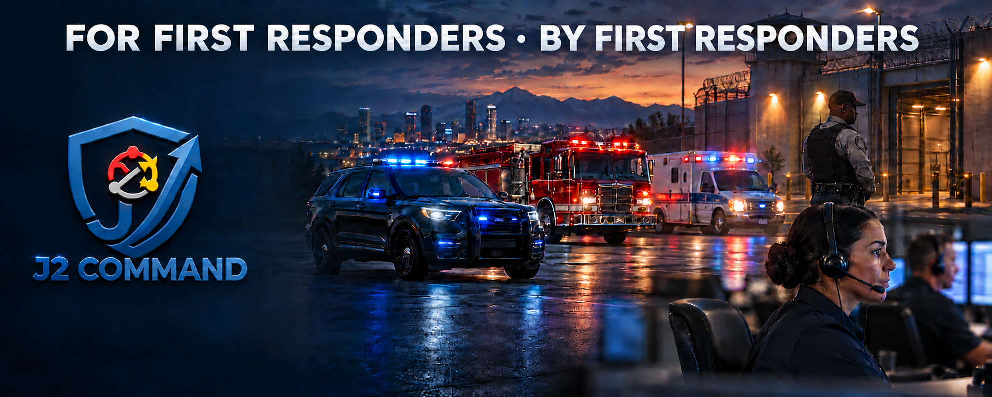 FOR FIRST RESPONDERS · BY FIRST RESPONDERS. J2 Command shield and wordmark beside an illustrative first responder montage featuring a police patrol vehicle, emergency dispatcher, fire engine, ambulance and corrections officer.